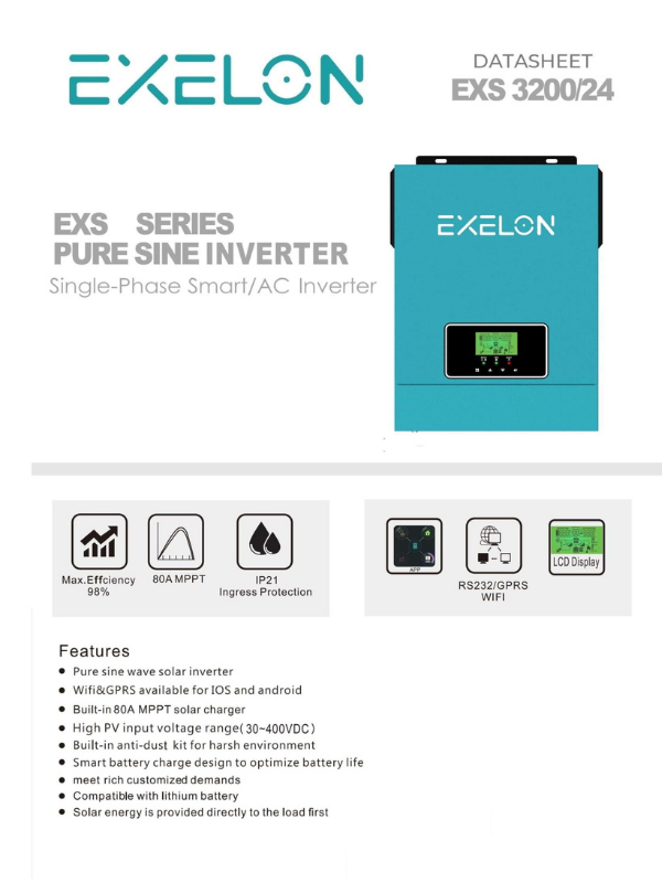 Exelon 24 V Volt 3000 W Watt 3 kW MPPT Tam Sinus Akıllı İnverter 220 Volt Çevirici İnvertör