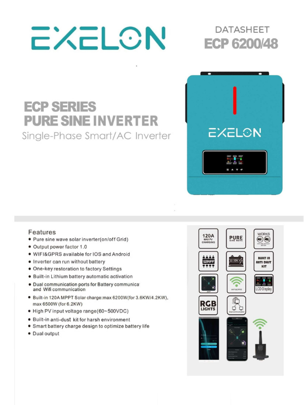 Exelon 48 V Volt 6200 W Watt 6.2 kW MPPT Tam Sinus Akıllı İnverter 220 Volt Çevirici İnvertör