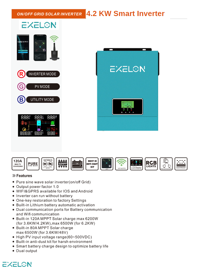 Exelon 24 V Volt 4200 W Watt 4.2 kW MPPT Tam Sınus Akıllı İnverter 220 V Volt Çevirici İnvertör
