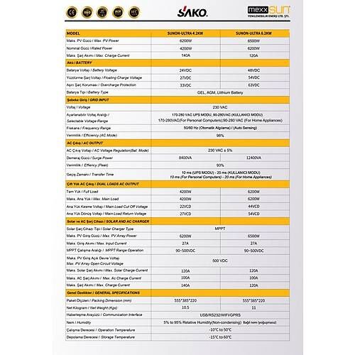 Sako Sunon Ultra 6.2 kW 6200 W Watt 48 V Volt Yüksek Voltaj Mppt Akıllı Tam İnverter 220 V Volt Çevirici