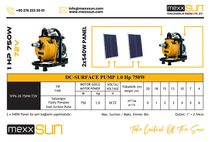 Mexxsun 72 V Volt 1 Hp 750 W Watt 0,75 kW DC Yüzey Üstü Santrifüj Solar Su Pompası 6 Ton