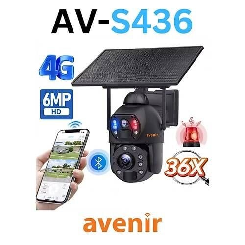 Avenir AV-S436 4G Solar Güneş Enerjili 6MP 36X Optikal Zoom Siren ve Sesli Uyarı 50 Metre Gece Görüş Mesafesi IP PTZ Kamerası