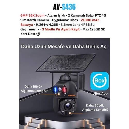 Avenir AV-S436 4G Solar Güneş Enerjili 6MP 36X Optikal Zoom Siren ve Sesli Uyarı 50 Metre Gece Görüş Mesafesi IP PTZ Kamerası