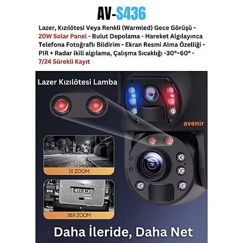 Avenir AV-S436 4G Solar Güneş Enerjili 6MP 36X Optikal Zoom Siren ve Sesli Uyarı 50 Metre Gece Görüş Mesafesi IP PTZ Kamerası