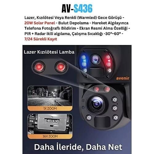 Avenir AV-S436 4G Solar Güneş Enerjili 6MP 36X Optikal Zoom Siren ve Sesli Uyarı 50 Metre Gece Görüş Mesafesi IP PTZ Kamerası