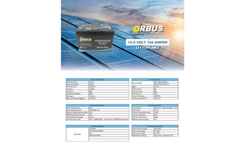 Orbus 12.8 V Volt 100 Ah Amper 1280Wh LiFePo4 Lityum Akü
