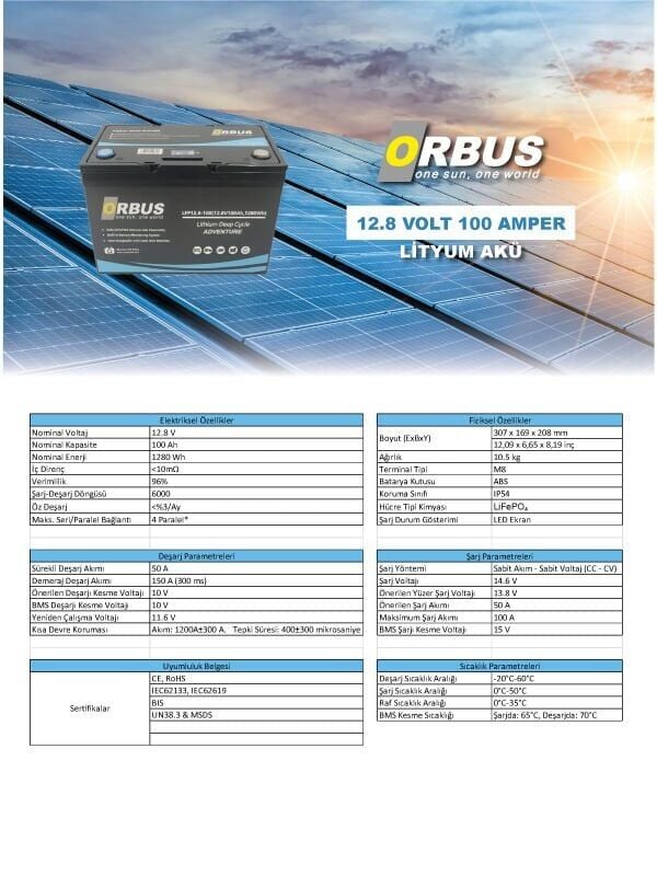 Orbus 12.8 V Volt 100 Ah Amper 1280Wh LiFePo4 Lityum Akü