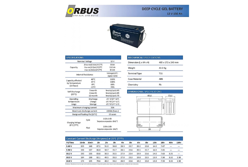 Orbus 12 V Volt 150 A Amper Nano Karbon Solar Jel Akü