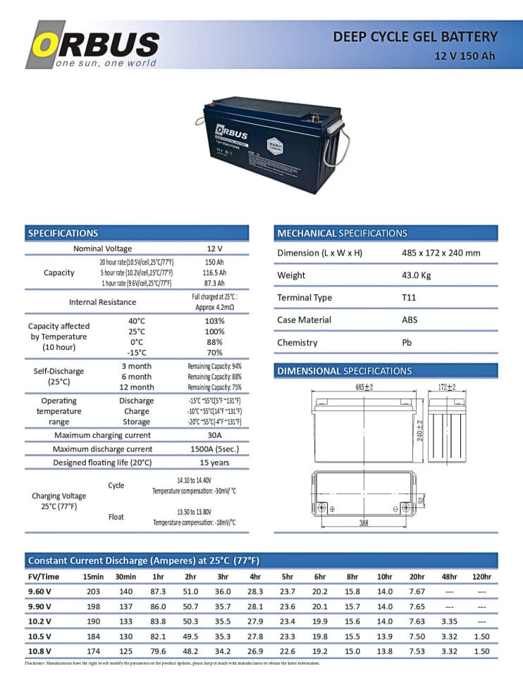 Orbus 12 V Volt 150 A Amper Nano Karbon Solar Jel Akü