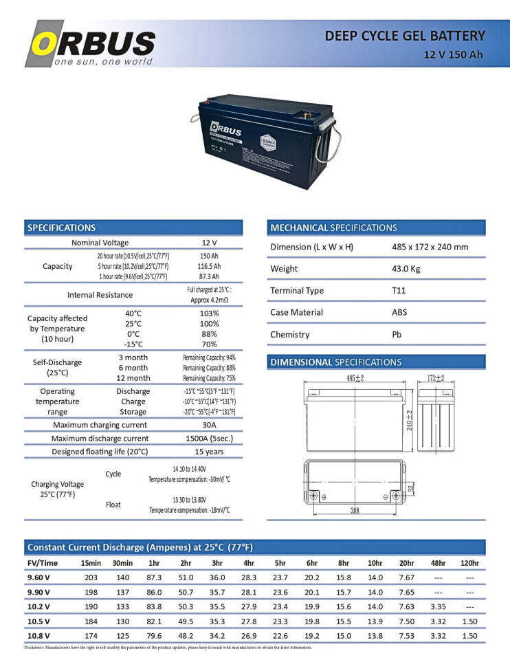 Orbus 12 V Volt 150 A Amper Nano Karbon Solar Jel Akü