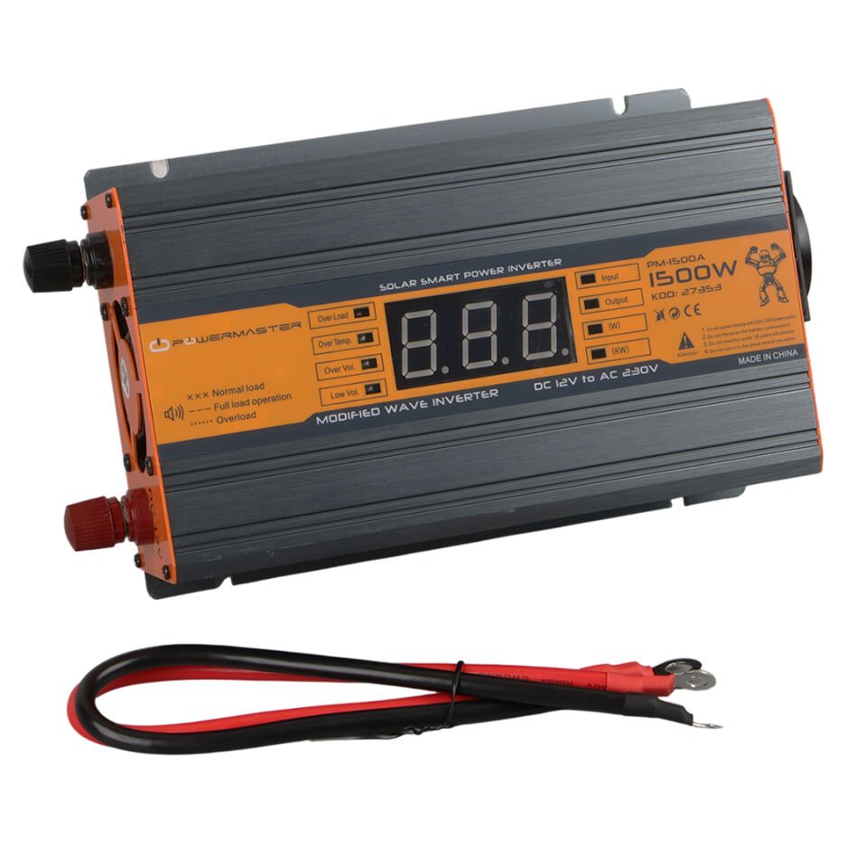 Powermaster 12V Volt 1500W Watt Modifiye Sinus İnverter 220 Çevirici İnvertör Dijital Ekranlı Dönüştürücü