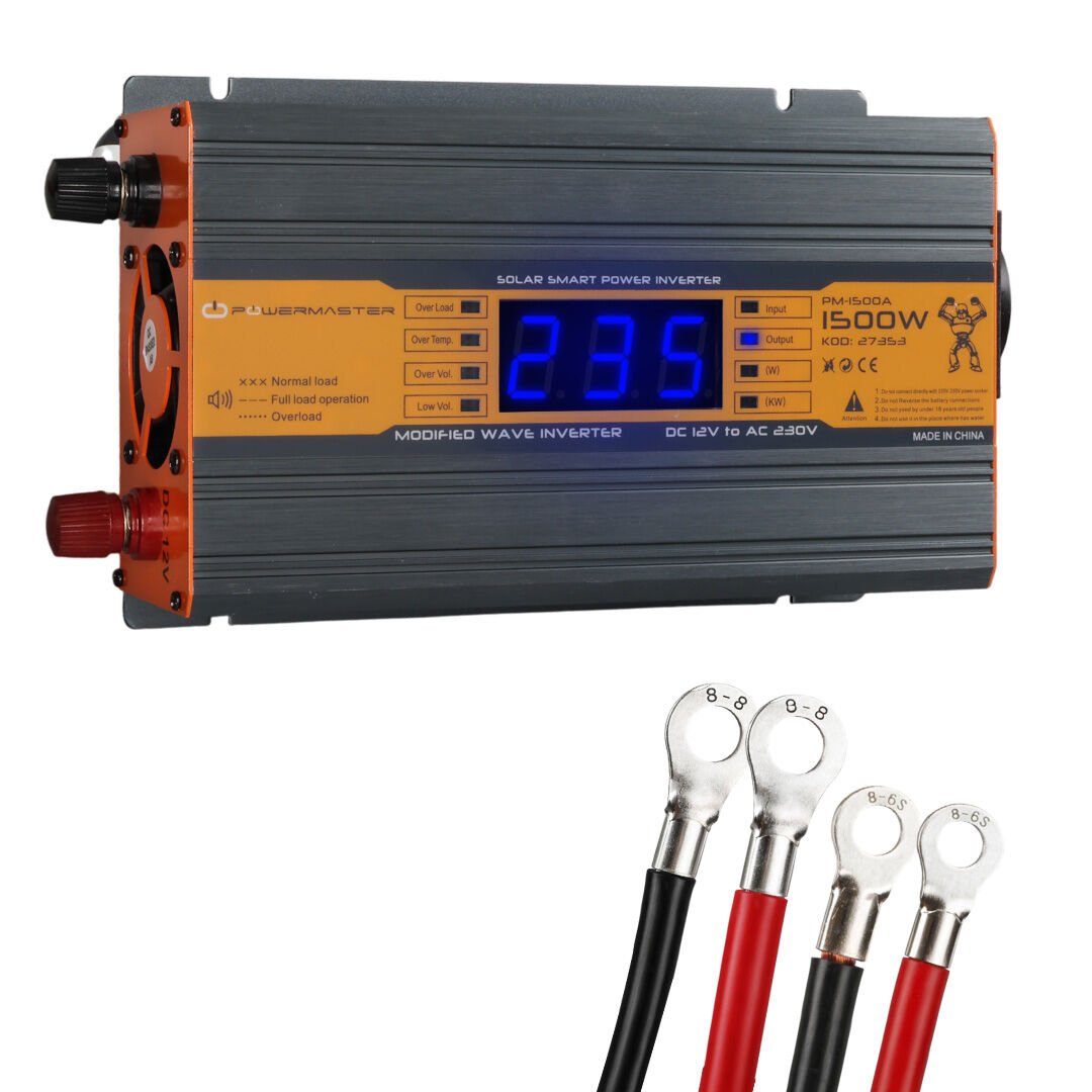 Powermaster 12V Volt 1500W Watt Modifiye Sinus İnverter 220 Çevirici İnvertör Dijital Ekranlı Dönüştürücü