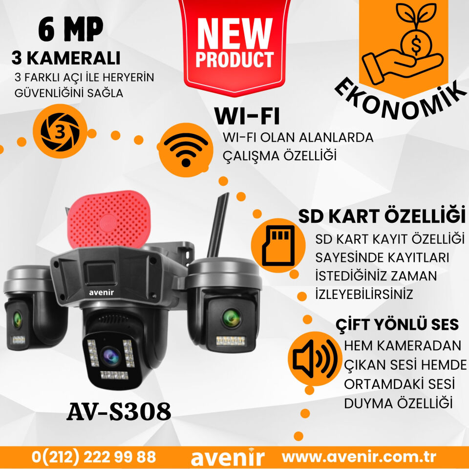 Avenir AV-S308 6 MP 3 Kameralı Wifi Sirenli Kamera